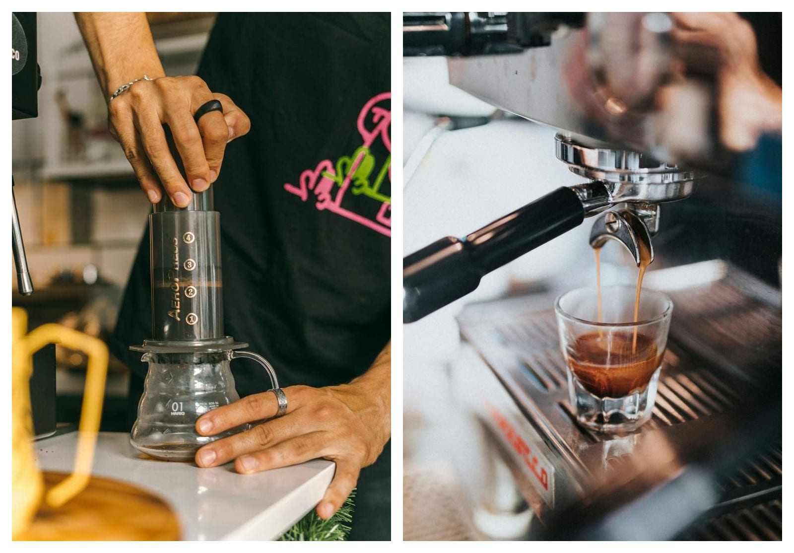 Two panels side by side: on the left, hands press an AeroPress into a glass carafe; on the right, espresso streams from a portafilter into a clear glass on a machine drip tray.