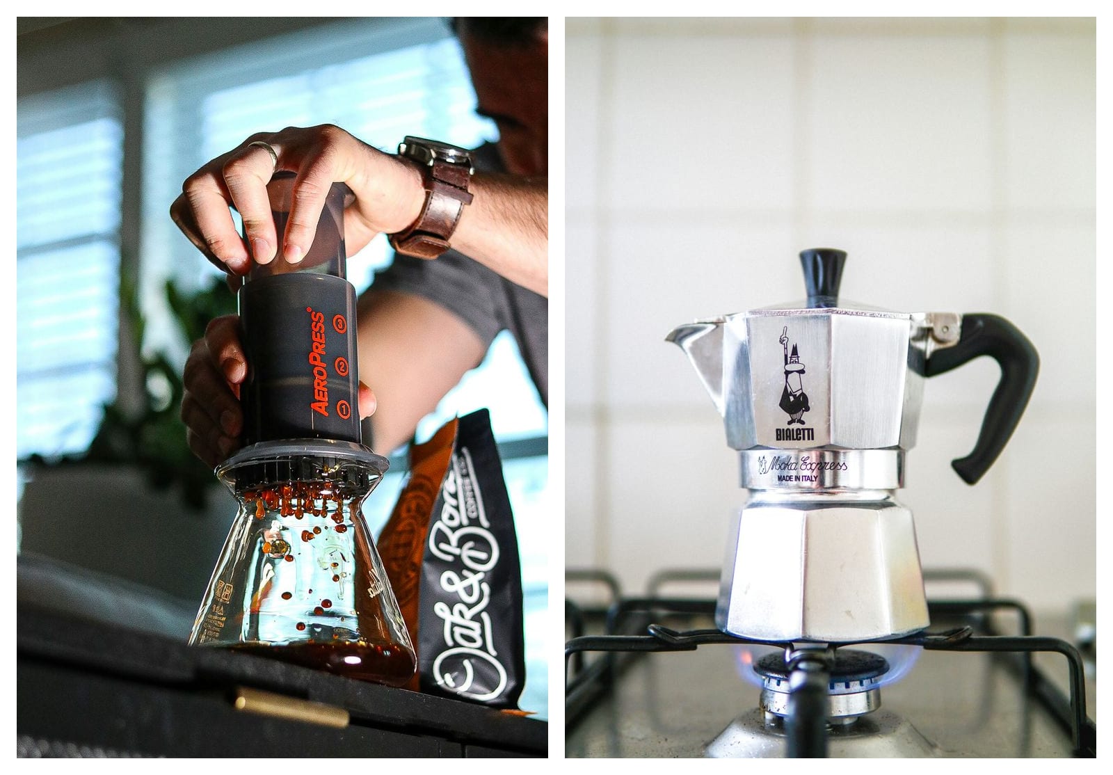 Two panels side by side: on the left, hands press an AeroPress into a glass server as brewed coffee drips through; on the right, a silver Bialetti Moka Express stands on a lit gas hob against white tiles.