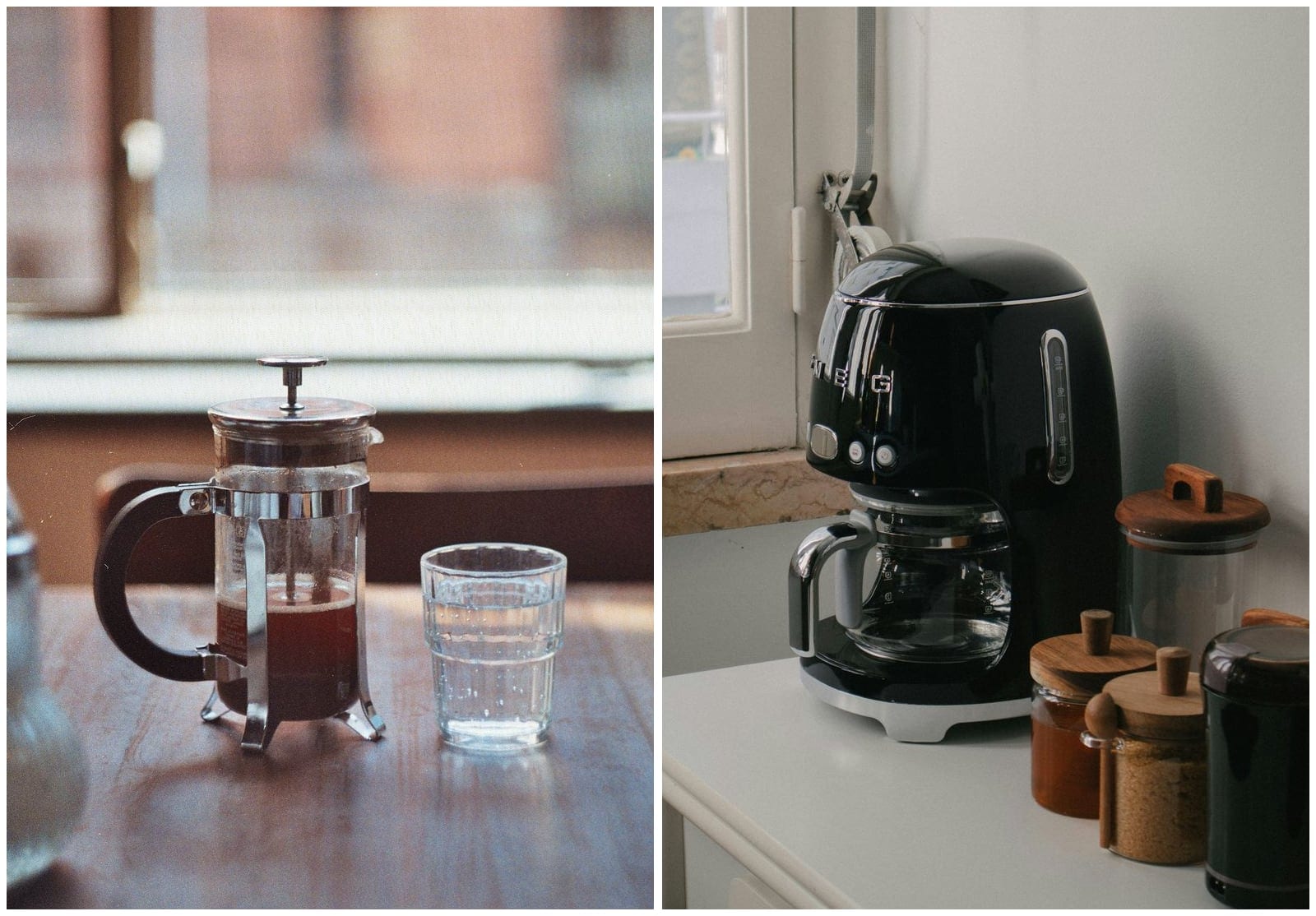 Two panels side by side: on the left, a glass French press of brewed coffee and a glass of water on a wooden table by a window; on the right, a black Smeg drip machine with its glass carafe on a white kitchen counter.