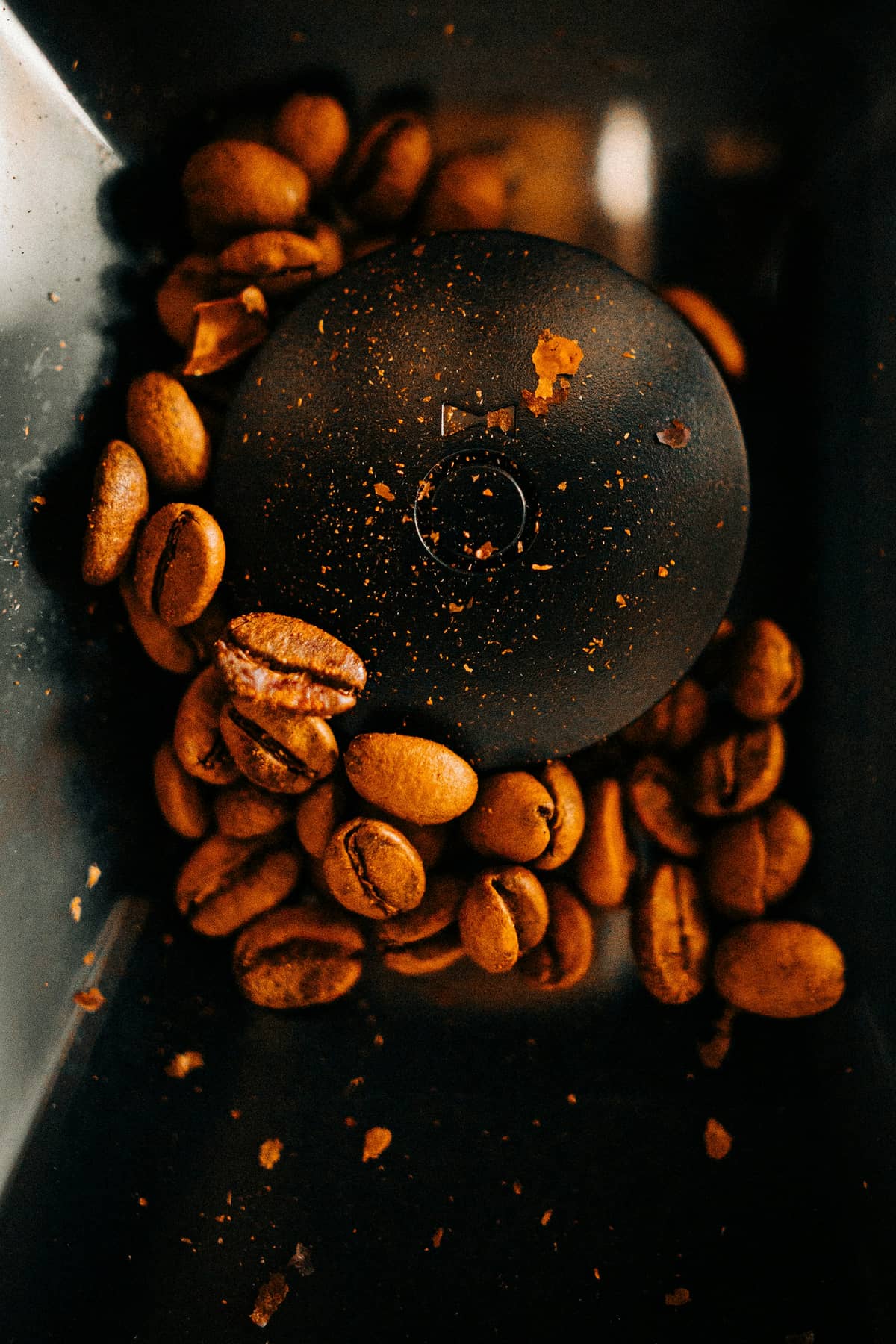 Looking down into a coffee grinder: whole roasted beans heaped around the black conical burr, with fine grounds scattered across the metal surface.