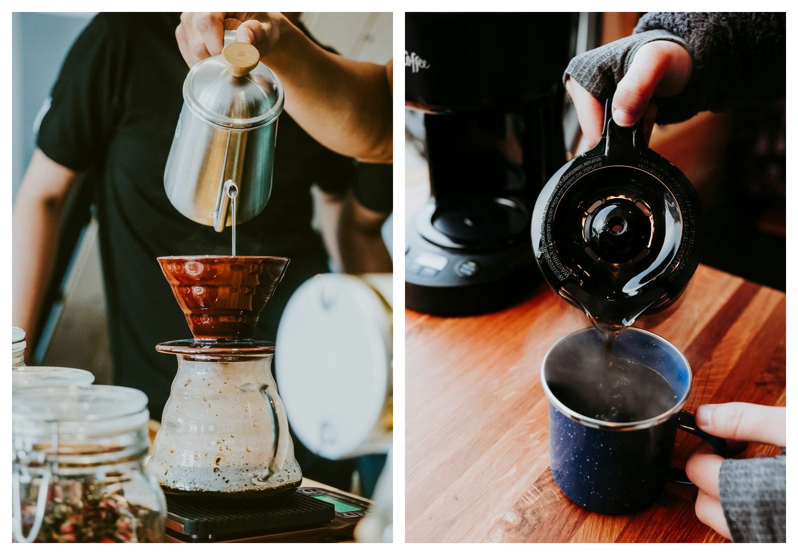 Two panels side by side: on the left, a hand pours water from a steel gooseneck kettle into a brown ceramic pour-over cone standing on a glass server and a scale; on the right, a hand tilts a black-lidded glass carafe to pour coffee into a blue enamel mug, with a Mr. Coffee drip machine on the wooden counter behind it.