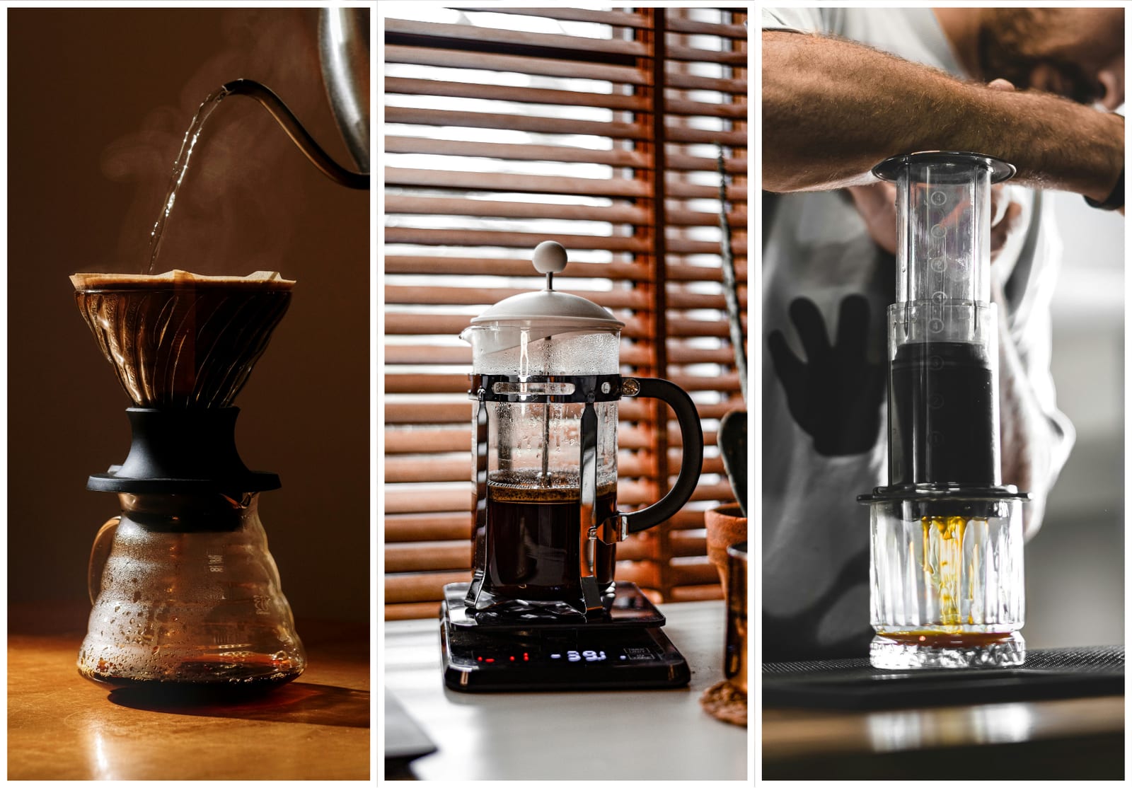 A three-panel collage: a gooseneck kettle pouring water through a paper filter into a V60-style pour-over dripper with steam rising, a French press sitting on a digital scale in front of wooden window blinds, and a person pressing the plunger of an AeroPress positioned on top of a clear glass vessel.