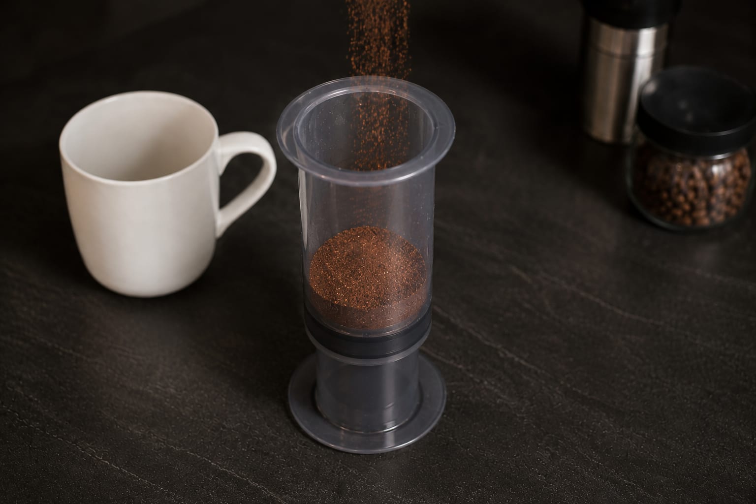 Café molido medio-fino en la cámara abierta de un AeroPress invertido.