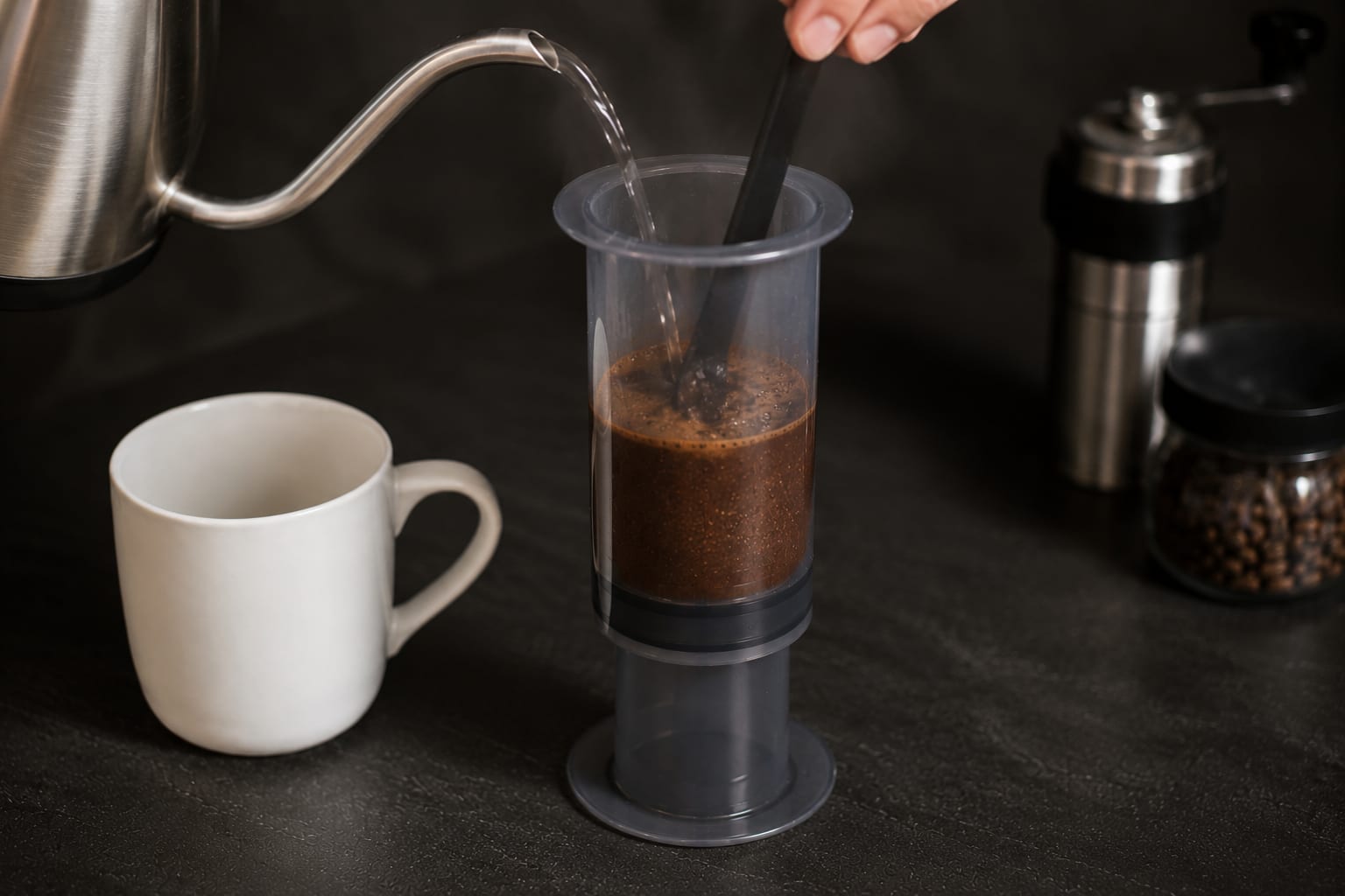 Agua vertida sobre el café en un AeroPress invertido mientras una paleta agita la mezcla.