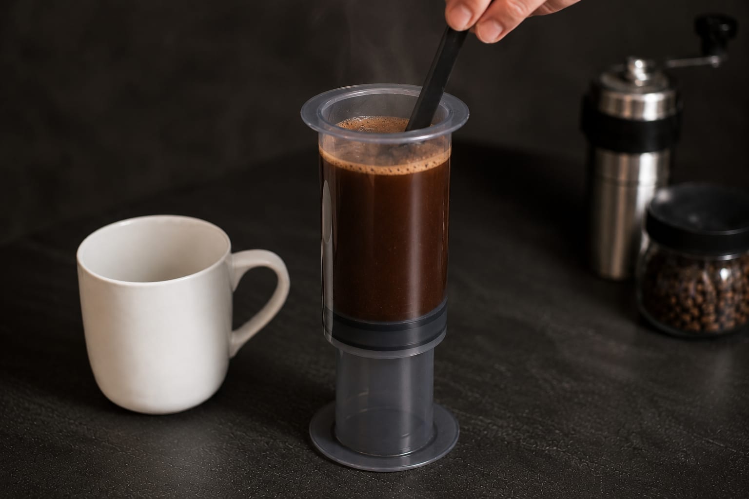 La cámara casi llena de un AeroPress invertido siendo agitada con una paleta.
