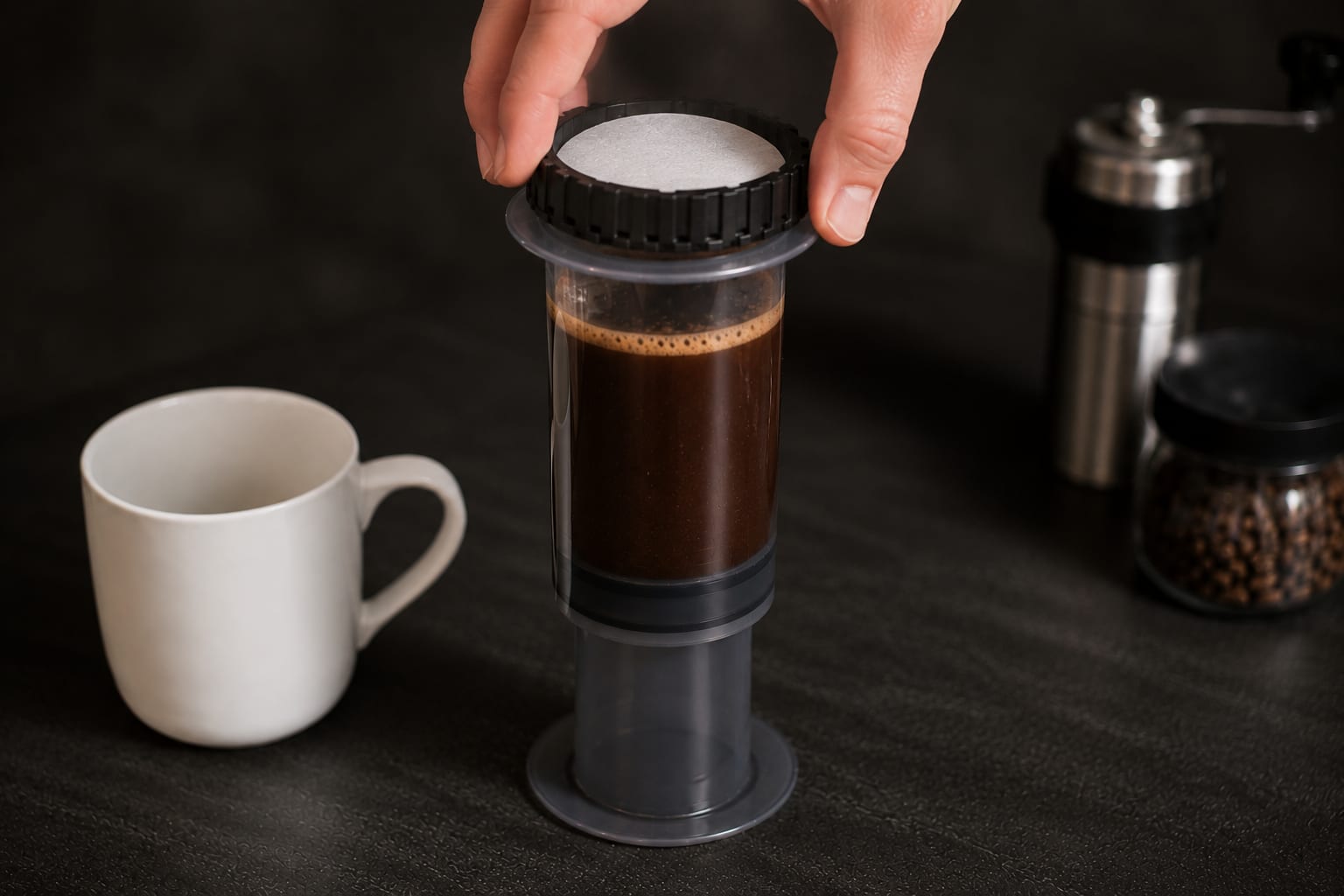 Una tapa con filtro siendo asegurada sobre un AeroPress invertido lleno durante la infusión.