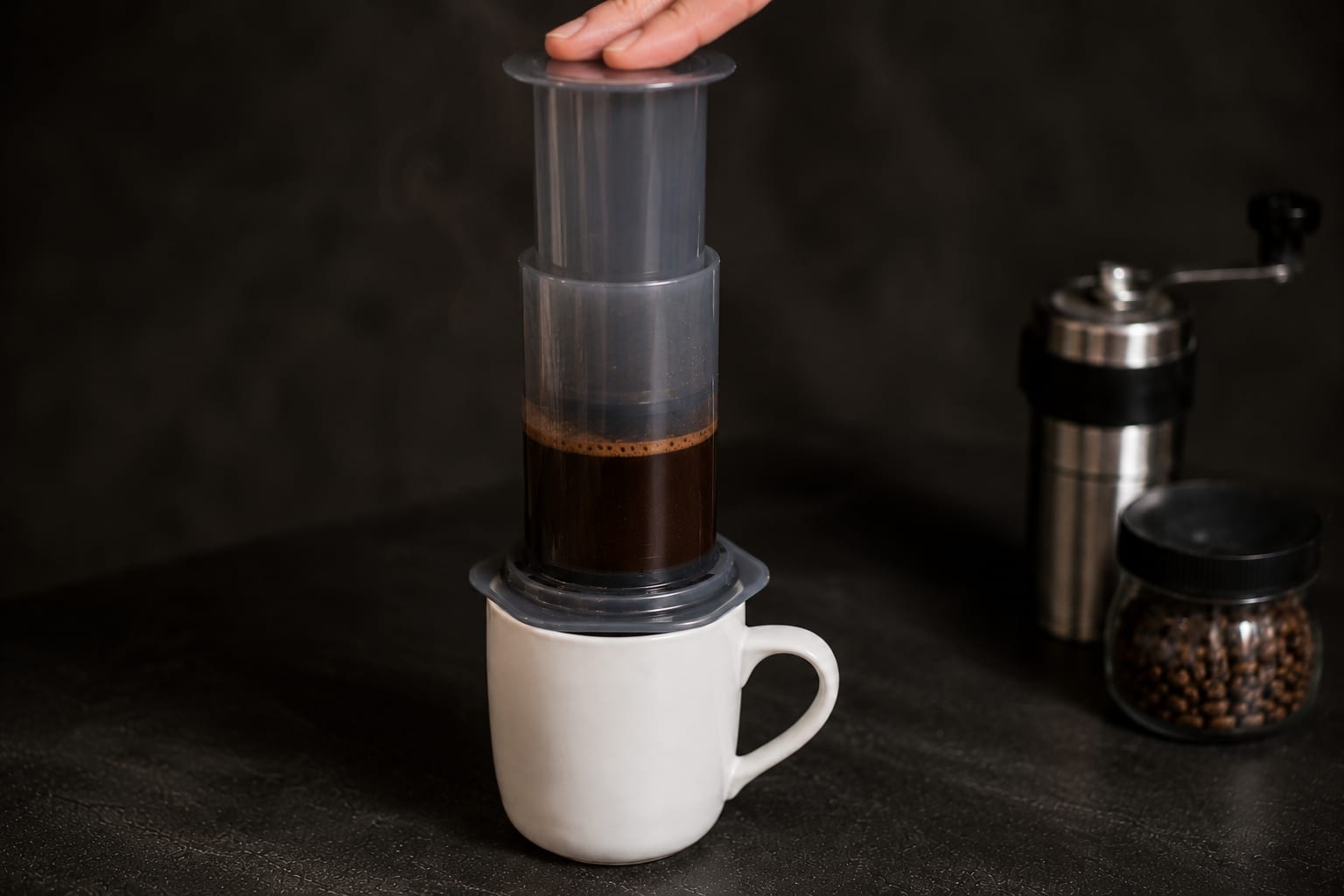 Un AeroPress volteado sobre una taza con una mano presionando el émbolo hacia abajo.