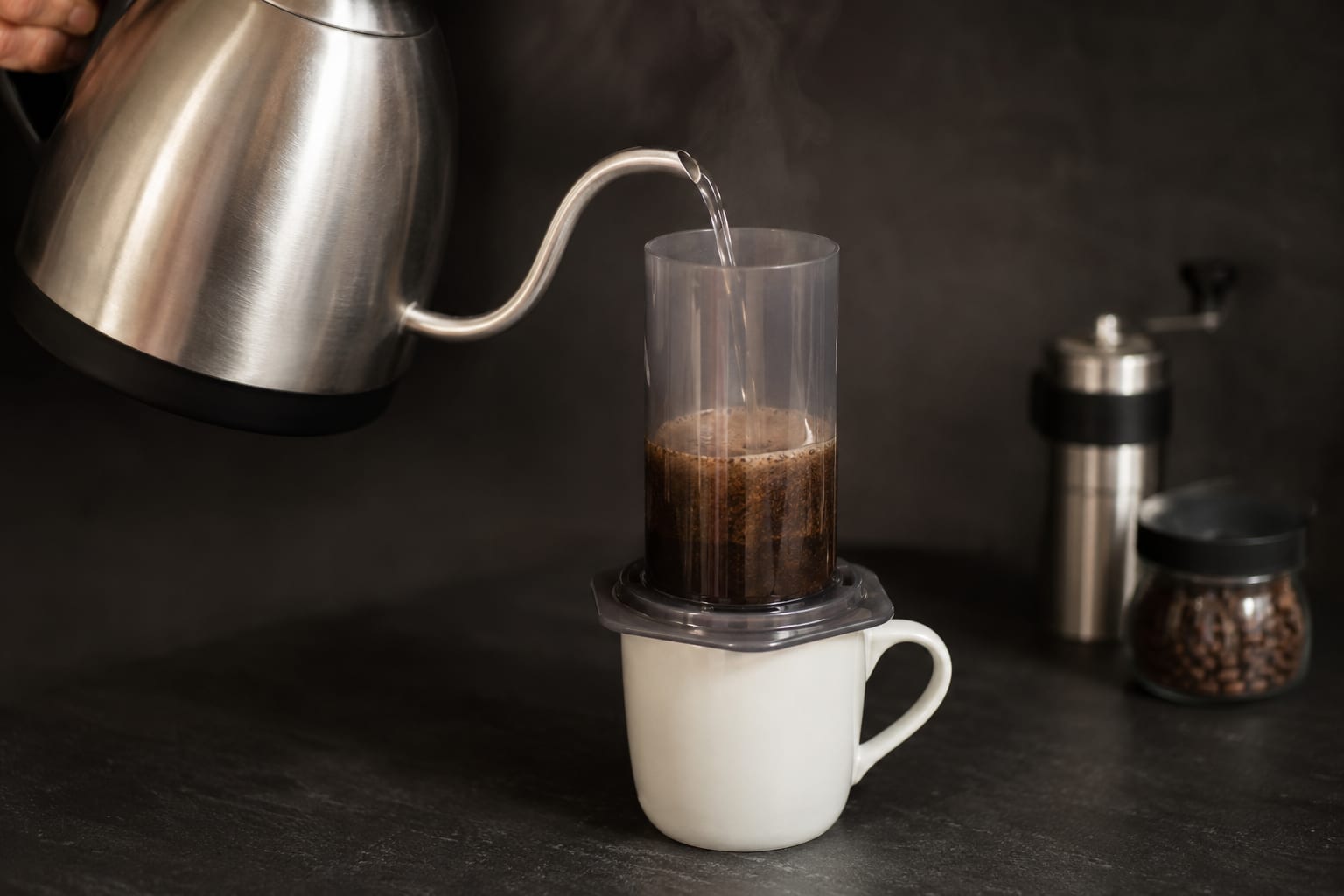 Hot water pouring from a gooseneck kettle into the AeroPress over the coffee bed
