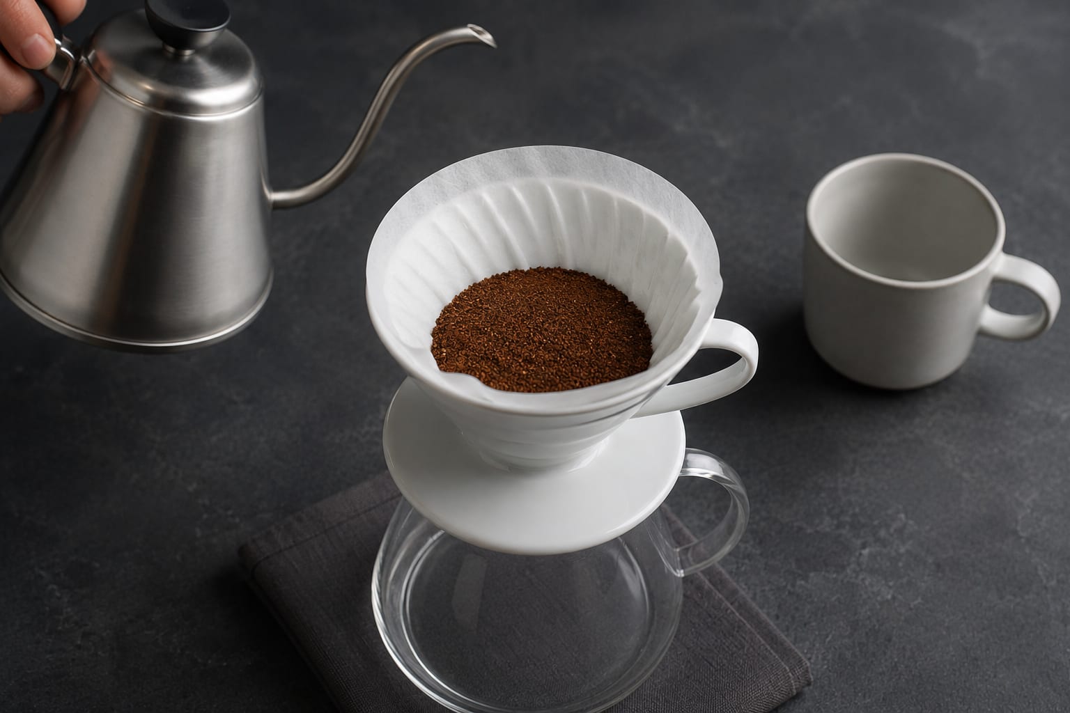 Café molido medio-fino formando una capa plana en el filtro de papel del V60.