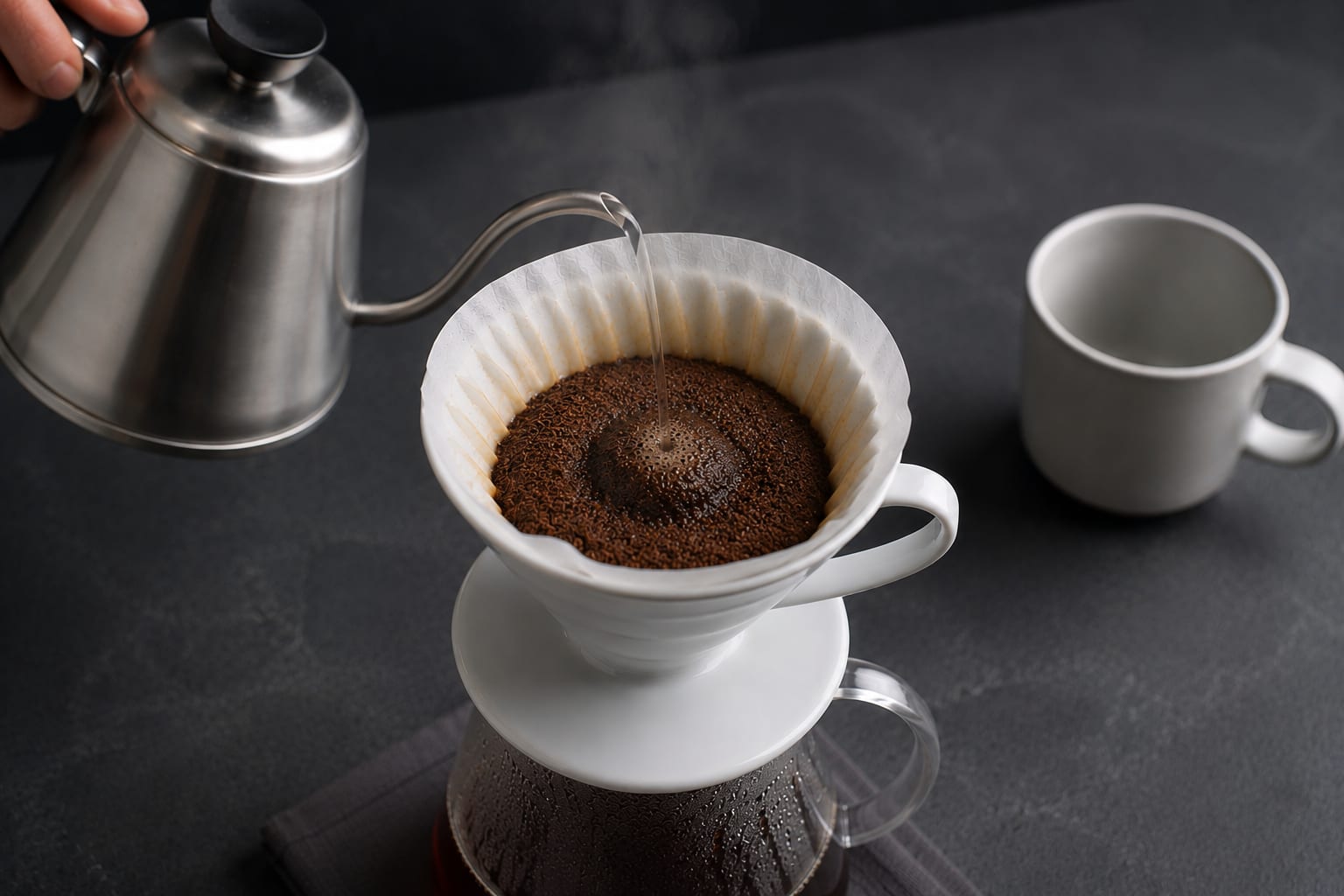 El café hinchado en el bloom, formando cúpula en el V60 tras el primer vertido pequeño.