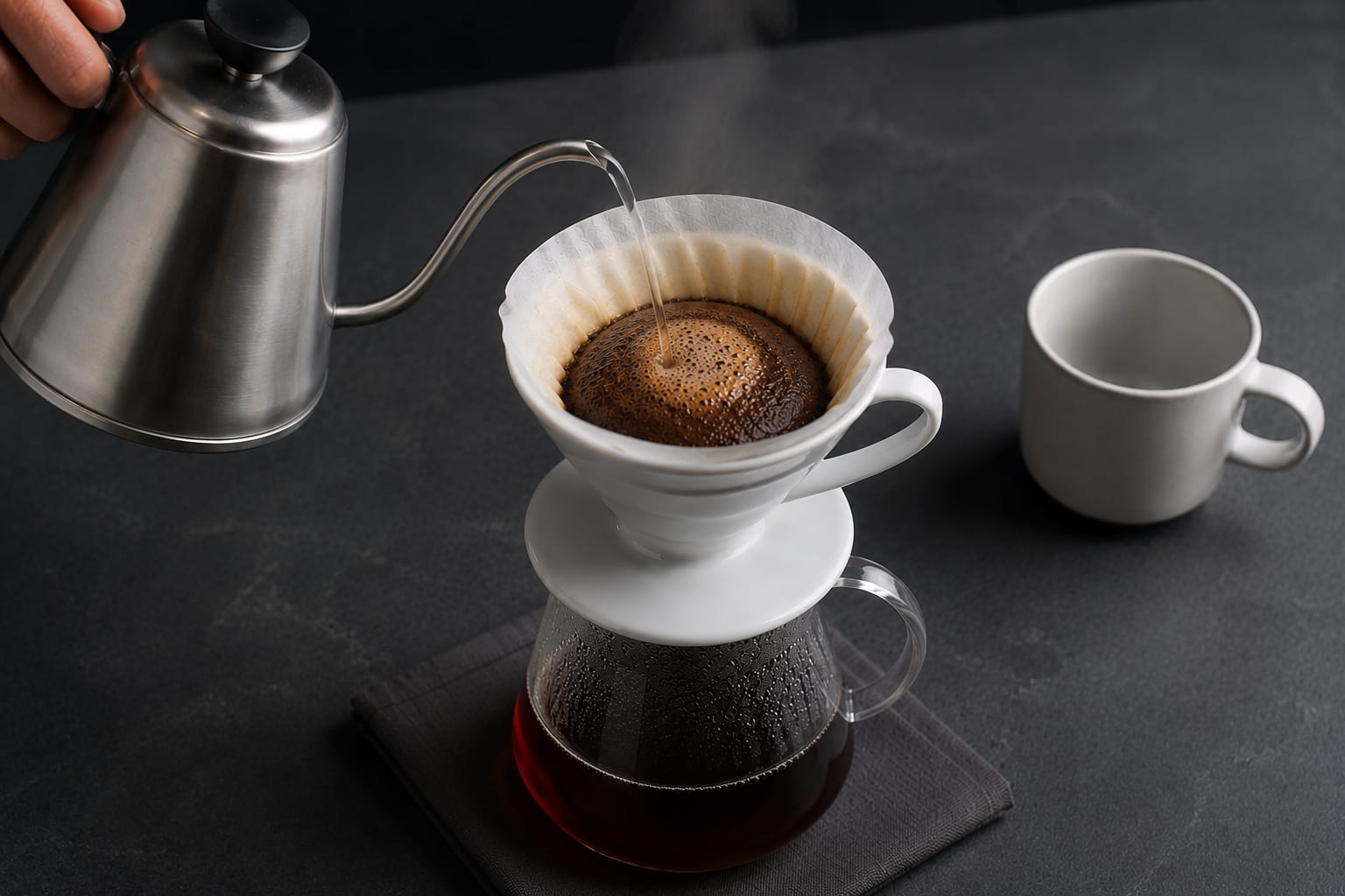 Un hervidor de cuello de cisne vertiendo agua en espiral sobre el café en el V60.