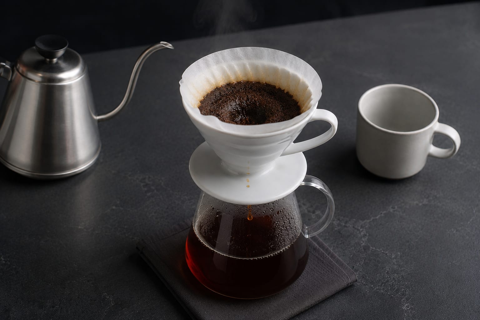 Un V60 terminando de gotear en una jarra de cristal llena de café.